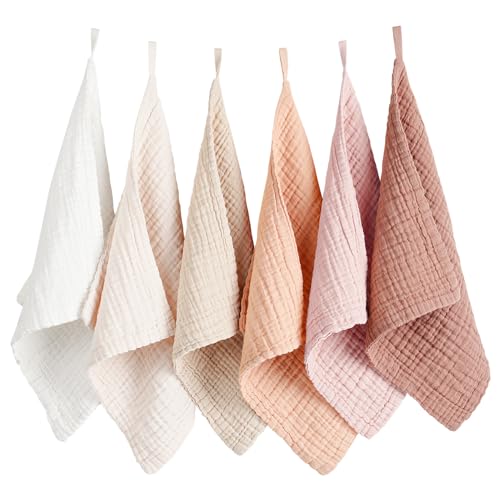 Konssy 6 Pack Muslin Baby Washcloths, 100% Cotton Wash Cloth Set | 11 x 11 In Multi-Use Burp Cloths, Ultra-Soft & Absorbent, Machine Washable, Baby Bath Towels for Newborn, Boy & Girl (Earthy) - color: Earthy Color