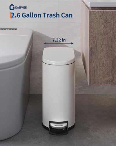 GarveeHome 2.6 Gallon Bathroom Trash Can, Space-Saving Slim Stainless Steel Step-On Garbage Bin with Soft Close Lid, Removable Inner Bucket for Bathroom & Bedroom, White - color: White, size: 2.6 Gallon