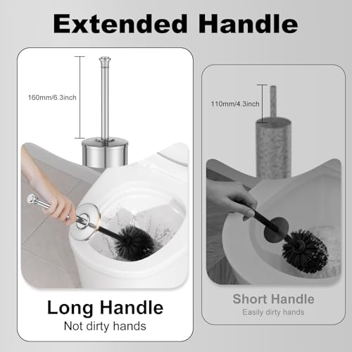 Silver Toilet Brush and Holder，Long Handled Gold Toilet Brush for Bathroom，Stainless Steel Heavy Duty Toilet Bowl Brush,Removable Inner Bowl,Deep Cleaning Dense Bristles Cleaner Brush -Space Saving - color: Silver