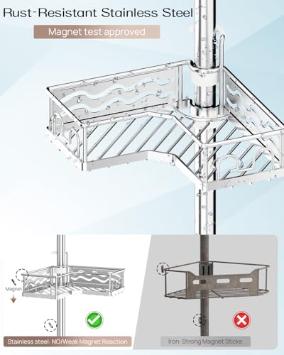 ALLZONE Corner Shower Caddy Tension Pole with 4 Repositionable Hang-On Baskets, Mixed-Height Shelves for Tall Bottles, 8 Dual Hooks & Soap Dish, Rust-Resistant Stainless Steel, Adjustable 34-116 Inch