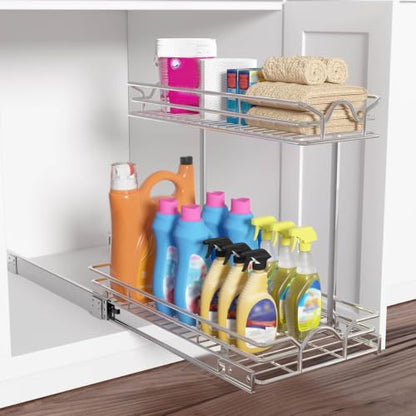 OCG Under Sink Cabinet Organizer Two Tier Pull Out Shelf (14.75W x 17D), Under Sink Sliding Shelf for Kitchen Bathroom Cabinet 2 Tier Chrome - size: 14.75W17D
