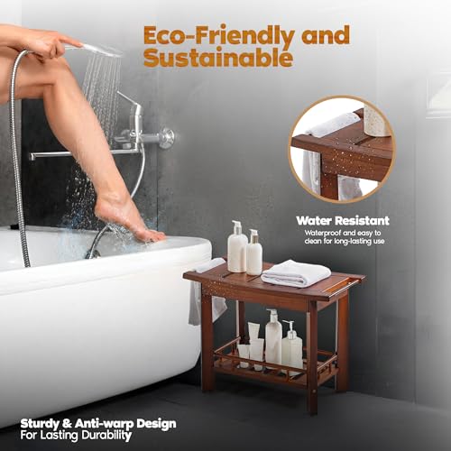 21" Teak Shower Bench for Inside – Luxury Spa-Style Comfort, FSC Certified Durable Teak Wood, Water-Resistant, Ergonomic Seat, Anti-Skid Stability and Enclosed Storage Shelf, 350 lbs Capacity