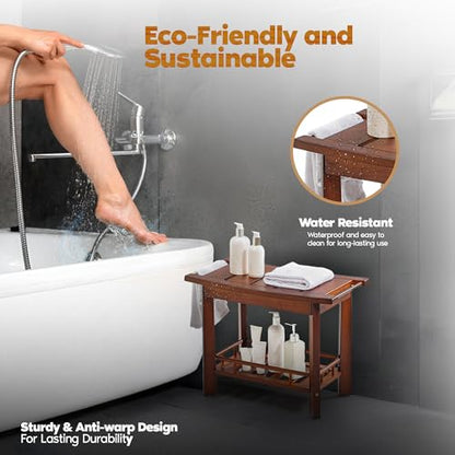 21" Teak Shower Bench for Inside – Luxury Spa-Style Comfort, FSC Certified Durable Teak Wood, Water-Resistant, Ergonomic Seat, Anti-Skid Stability and Enclosed Storage Shelf, 350 lbs Capacity