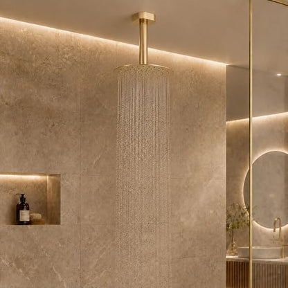8 Inch Rain Shower Head, BSTIIU High Flow Stainless Steel Round Rainfall ShowerHead, High Pressure Overhead Shower Heads, Wall & Ceiling Mount Ultra Thin Stainless Steel Shower Head, Brushed Gold - color: Brushed Gold, size: 8-Inches, style: Round