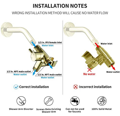 G-Promise Solid Metal Shower Head Diverter with Holder 3-Way | Spray Separately or Both, Adjustable-Angle Bracket, Anti-Leak, Smooth Knob Switch, Easy Install, Universal Replacement Part - color: Polished Gold
