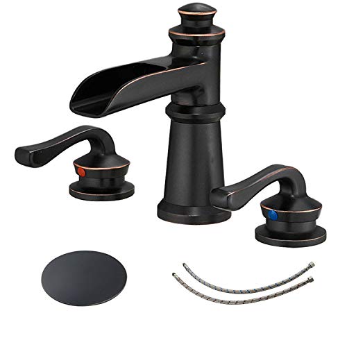 BWE Oil Rubbed Bronze Widespread Waterfall Bathroom Faucet, 3-Hole, Brass | Waterfall Spout, Dual Handle, 3-Hole 8-16 Inch Adjustable Widespread, Ceramic Cartridge, Pop-Up Drain Included, DIY Install - color: Oil Rubbed Bronze
