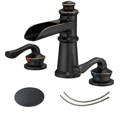 BWE Oil Rubbed Bronze Widespread Waterfall Bathroom Faucet, 3-Hole, Brass | Waterfall Spout, Dual Handle, 3-Hole 8-16 Inch Adjustable Widespread, Ceramic Cartridge, Pop-Up Drain Included, DIY Install - color: Oil Rubbed Bronze