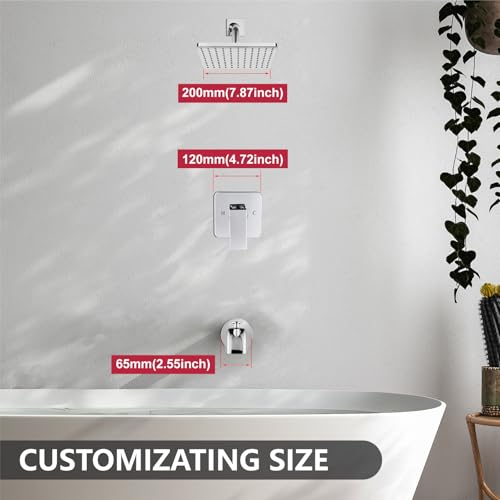 Heyalan 8-Inch Shower Faucet Set with Tub Spout and Valve, Polished Chrome | 8-inch square rainfall head, tub spout with diverter, male-thread rough-in valve, single-handle control and wall-mount design - color: Polished Chrome, size: 8 Inch Square Shower