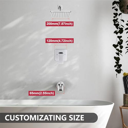 Heyalan 8-Inch Shower Faucet Set with Tub Spout and Valve, Polished Chrome | 8-inch square rainfall head, tub spout with diverter, male-thread rough-in valve, single-handle control and wall-mount design - color: Polished Chrome, size: 8 Inch Square Shower