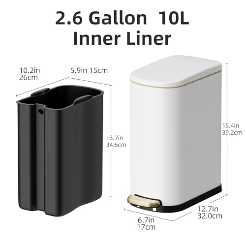 KSSKSS 2.6 Gallon/10L Slim Stainless Steel Bathroom Trash Can with Soft Close Lid, for Narrow Spaces,Bathroom, Bedroom (White) - color: White