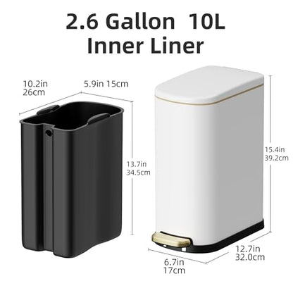 KSSKSS 2.6 Gallon/10L Slim Stainless Steel Bathroom Trash Can with Soft Close Lid, for Narrow Spaces,Bathroom, Bedroom (White) - color: White