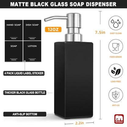 GMISUN Black Soap Dispenser, Hand Soap Dispenser Bathroom, 12 fl oz/350ml Glass Soap Dispensers with Stainless Steel Pump, Refillable Liquid Dish Dispenser for Kitchen, Modern Soap and Lotion Bottles - color: Black Bottle + Sliver Pump