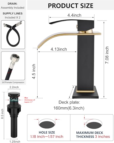 Midanya Waterfall Bathroom Faucet 1 Hole,Brushed Gold Spout/Matte Black | with 24” Hoses,Pop Up Drain,6” Deck Plate,for 1 or 3 Hole Vanity,Lavatory,RV,Single Handle Bathroom Sink Faucet,NSF Certified - color: Gold Spout/Black