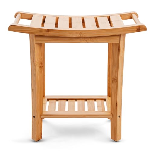 Bamboo Shower Bench with Handles and Shelf – Waterproof Stool for Inside Shower, Bathroom Foot Rest, Shaving Seat, Bamboo Shower Chair for Adults