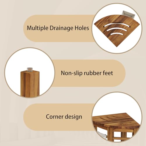 Kiasthome Teak Corner Shower Bench, Waterproof Bathroom Teak Shower Bench, Sturdy Non-Slip Bath Shower Foot Stool for Shaving Legs with Storage Basket - size: Small