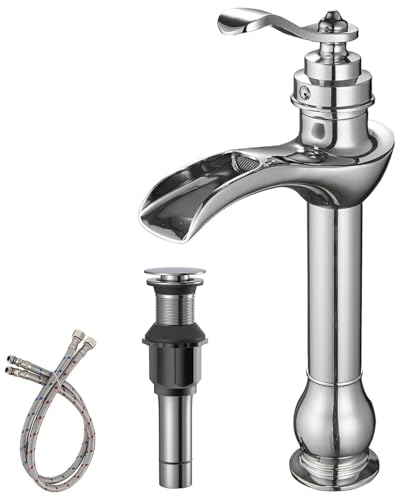 BWE Chrome Vessel Sink Faucet Waterfall Bathroom Faucets 1 Hole | Single Handle Bathroom Vanity Faucet with Pop Up Drain Stopper Assembly and Supply Hose Lavatory Mixer Tap Tall Body - color: Chrome