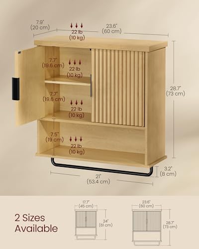 VASAGLE MAXE Collection - Bathroom Cabinet Wall Mounted, Over Toilet Hanging Cabinet with Adjustable Shelf, Towel Bar, Fluted Doors, 7.9 x 23.6 x 28.7 Inches, Transitional, Oak Beige UBBK135Y01S - color: Oak Beige, style: 2Doors（28.7"H）