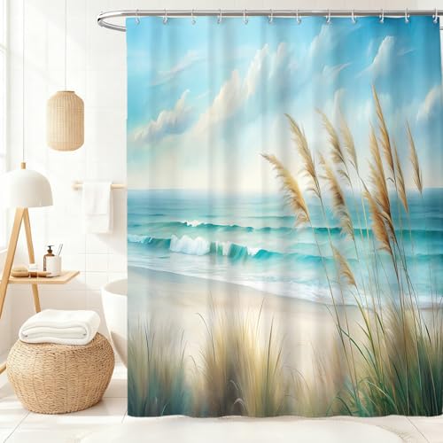Ocean Sea Beach Shower Curtain, Coastal Sandy Shower Curtains for Bathroom, Light Blue Nature Blossom Waterproof Polyester Fabric Shower Curtain Set with Hooks, Standard Size 72 x 72 inches - color: Light Blue