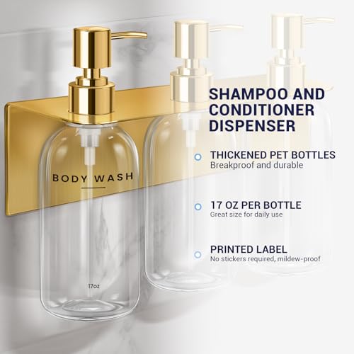 Shampoo Conditioner Body Wash Dispenser Bonus Soap Dish and Hook, Clear | 17 fl oz Set of 3 Clear Plastic Bottles with Black Pumps, Drill Free Adhesive Bathroom Organizer, Dorm Room Essentials