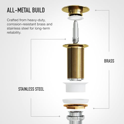 Vigo Bathroom Sink Pop Up Drain Without Overflow, Matte Gold Drain Stopper with ClogFree QuickDrain Technology & Matching Mounting Ring - color: Gold