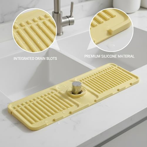 Silicone Faucet Splash Guard Mat for Kitchen & Bathroom Sinks, Flexible Water Drainage Tray with Slots, 13 x 3.35 Inches - color: Yellow