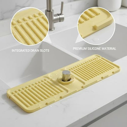 Silicone Faucet Splash Guard Mat for Kitchen & Bathroom Sinks, Flexible Water Drainage Tray with Slots, 13 x 3.35 Inches - color: Yellow