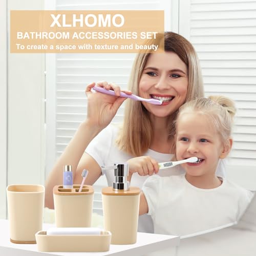 Beige Bathroom Accessories Set 9 Piece Bathroom Accessory Set with Trash Can,Toothbrush Holder,Toothbrush Cup,Lotion Soap Dispenser,Vanity Tray,Soap Dish,Toilet Brush,Qtip Holder - size: Bath Set, style: Beige