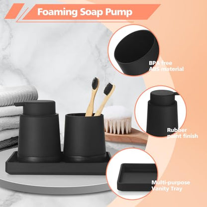 GAHEFY Black Bathroom Countertop Accessories Set - Foaming Soap Dispenser and Toothbrush Holder with Silicone Boot,Vanity Tray (Black Foam) - color: Black Foam