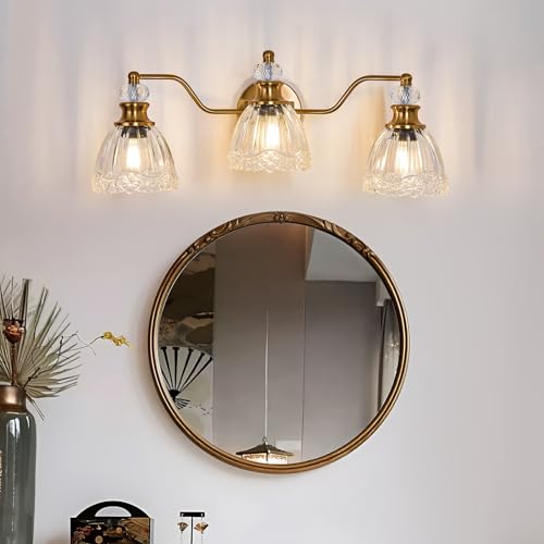 ASGYISA Lyfeesis Gold Bathroom Light Fixtures Over Mirror Vintage Brass Vanity Light 3 Light Crystal Glass Shade Matte Antique Brass Finish