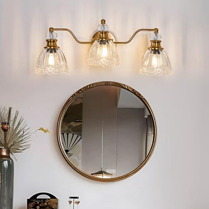 ASGYISA Lyfeesis Gold Bathroom Light Fixtures Over Mirror Vintage Brass Vanity Light 3 Light Crystal Glass Shade Matte Antique Brass Finish