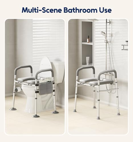 Raised Toilet Seat Risers for Seniors with Handles, Grey | Adjustable 7 Height & 6 Width, 400lbs Heavy-Duty Support, Built-in Paper Holder & Storage, For Elderly & Handicap