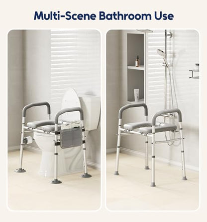 Raised Toilet Seat Risers for Seniors with Handles, Grey | Adjustable 7 Height & 6 Width, 400lbs Heavy-Duty Support, Built-in Paper Holder & Storage, For Elderly & Handicap