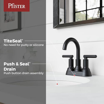 Pfister Capistrano 4 in Centerset 3-Hole Matte Black Bathroom Sink Faucet with 2-Handle Push & Seal Drain Technology WaterSense NSF Certified Vanity Faucet LF048CSOSDB - color: Spot Defense Matte Black, size: 1 Pack