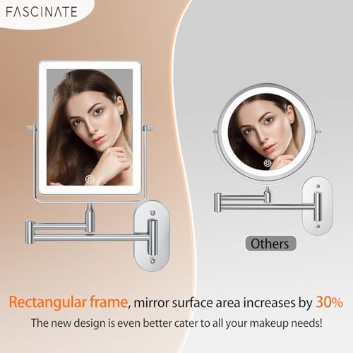 FASCINATE 8.7" 4500mAh Rechargeable Wall Mounted Makeup Mirror (Chrome) | Double Sided 1X 30X Rectangle Wall Mounted Magnifying Mirror with Light, 3 Color Setting, Extended Arm 360° Foldable - color: Chrome a