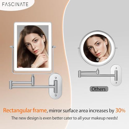 FASCINATE 8.7" 4500mAh Rechargeable Wall Mounted Makeup Mirror (Chrome) | Double Sided 1X 30X Rectangle Wall Mounted Magnifying Mirror with Light, 3 Color Setting, Extended Arm 360° Foldable - color: Chrome a
