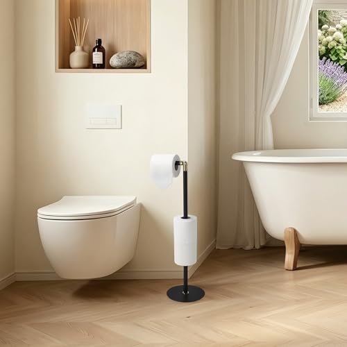 BGL Freestanding Toilet Paper Holder, Tissue Holder On Floor with Reserve Storage Paper Rolls, Roll Paper Holder Standing On Floor (Black & Gold)