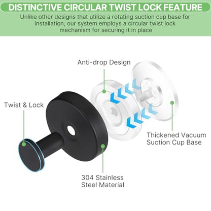 Black Waterproof Suction Cup Hooks, 2-Pack Heavy Duty Stainless Steel No Drill Shower Hooks for Hanging Towels, Robes, Loofahs, Holder Holds Strong on Tile, Glass, Mirror, Wall, Bathroom Door - color: black-2pcs