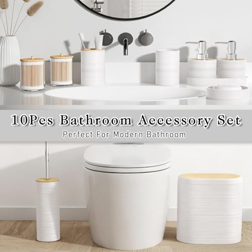 XLHOMO White Bathroom Set - 10PC Bathroom Accessories Set, Luxury Bathroom Accessory Set with Trash Can,Toilet Brush & 2 PC Soap Dispensers for Apartment Decor and Housewarming - size: Press-lid Bathroom Set, style: White