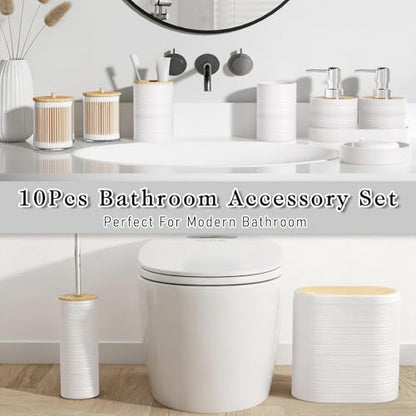 XLHOMO White Bathroom Set - 10PC Bathroom Accessories Set, Luxury Bathroom Accessory Set with Trash Can,Toilet Brush & 2 PC Soap Dispensers for Apartment Decor and Housewarming - size: Press-lid Bathroom Set, style: White