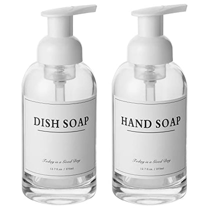 2 Pack Foaming Soap Dispenser, 12.7 Oz Thick Glass Pump, Clear White | Refillable Foam Soap Bottles for Hand Soap and Body Wash, Ideal for Bathroom Countertop, Kitchen Sink and More - color: White