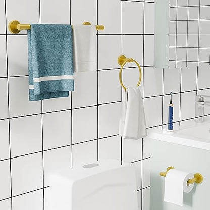 RARXTR 3pc Bathroom Hardware Set with Brushed Brass Toilet Paper Holder & Towel Ring & Towel Bar SUS304 Stainless Steel Toilet Paper Roll Holder Wall Mount & Bathroom Towel Holder & Towel Rack Set - color: Brushed Gold, size: 3-Piece