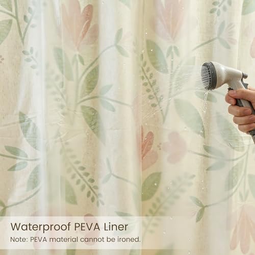 Pink Tulip Floral Linen Shower Curtain Set with Liner,72" Wx72 L | Double Layer Shower Curtain Waterproof Fabric with Zippered Removable PEVA Liner,Boho Shower Curtain for Bathroom,Free Hooks - color: Pink Tulip
