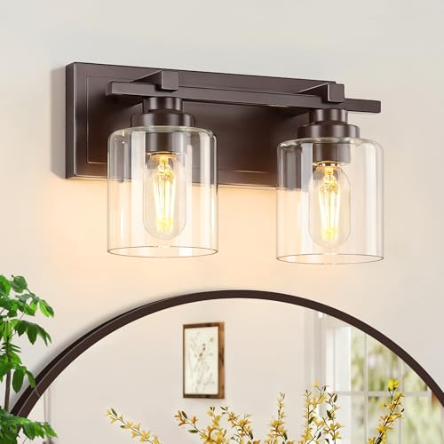 Modern Bathroom Light Fixtures Over Mirror, Vanity Lights for Bathroom Wall Sconces with Clear Glass Shades, E26 Socket (Bulbs Not Included), 2 Light, Oil Rubbed Bronze - color: Oil-Rubbed Bronze - Clear Glass Shades, size: 2-Lights