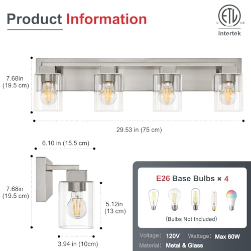 4-Light Brushed Nickel Bathroom Light Fixtures, with Clear Glass Shade | 29.5 Inch Bathroom Lighting Fixtures Over Mirror, Modern Wall Light, bathroom vanity light E26 Socket, ETL - color: Brushed Nickel, size: 4-Light