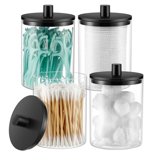 TIPGO Glass Qtip Holder Dispenser - 10 oz Clear Canister Apothecary Jar, Bathroom Vanity Storage Organizer Set for Cotton Swabs, Pads, Floss Picks, Small Containers for Makeup Storage (4 Pack, Black) - color: Black, size: 4 Pack