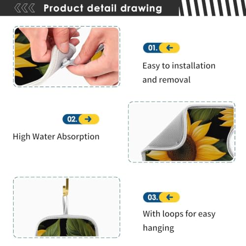 Sink Splash Guard Behind Faucet Mat for Kitchen Drain Mats Handle Drip Catcher Tray for Bathroom 15 inch Dish Drying Pad Microfiber 2Pack Sunflower Black - size: S