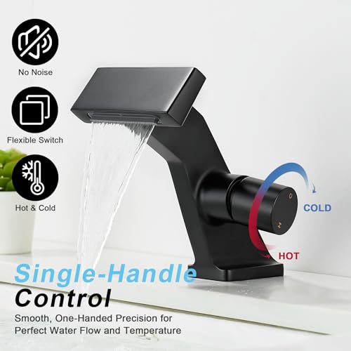 BAKALA Black Waterfall Bathroom Faucets, Single Hole Single Handle Brass Bathroom Sink Faucet Deck Mount, Rv Lavatory Vanity Faucet with 2 Supply Holes - color: Matte Black