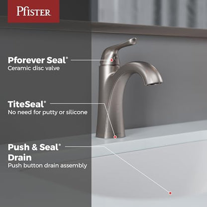 Pfister Willa Single Handle Bathroom Sink Faucet 1 Hole NSF Certified Spot Defense Brushed Nickel Finish with Push & Seal Drain WaterSense Compliant Vanity Faucet LF042MALGS - color: Spot Defense Brushed Nickel, size: 1 Pack