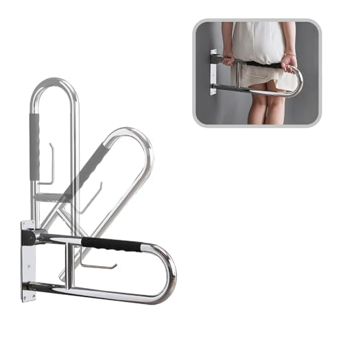 Toilet Grab Bar 23.6 Inch, BVTOURA Flip-Up Safety Rail with Soft Silicone Anti-Slip Finger-Grip Handle and Paper Holder, Stainless Steel U-Shaped Support Bar for Elderly Disabled, Polished Chrome - color: Polished Chrome, size: 24 IN