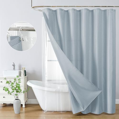 QiyI 3 in 1 Waffle Shower Curtain Set with Liner, Fog Blue, 72 x 72 | Shower Curtain and Liner Set with Hooks, Waterproof Bathroom Curtain with PEVA Liner & 12 Double Sided Clear Plastic Rings - color: Fog Blue, size: 72"W x 72"L (Pack of 1)